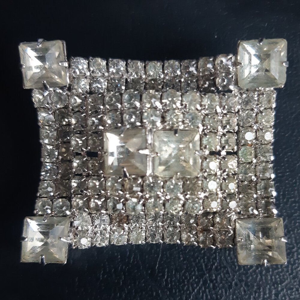 Continental Clear Rhinestone Rectangular Sliver Tone Brooch - Picture 4 of 8